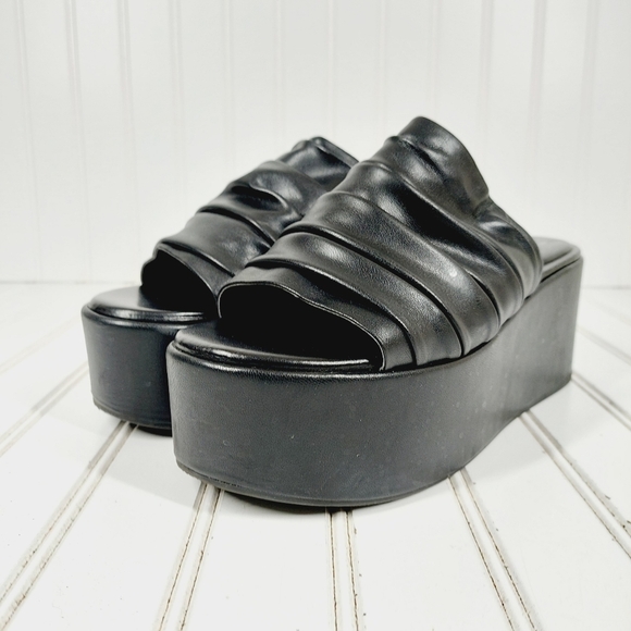 Marc Fisher Herald Black Leather Slip On Platform Wedge Sandals i815 - Picture 2 of 11